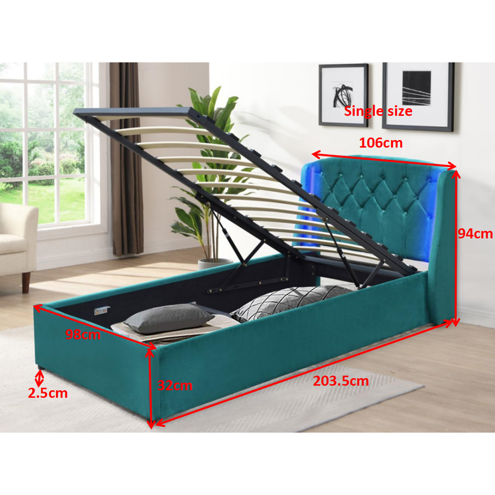 Comfy Living Single Grey Fabric Gaslift Bed Frame with LED Headboard Image 3