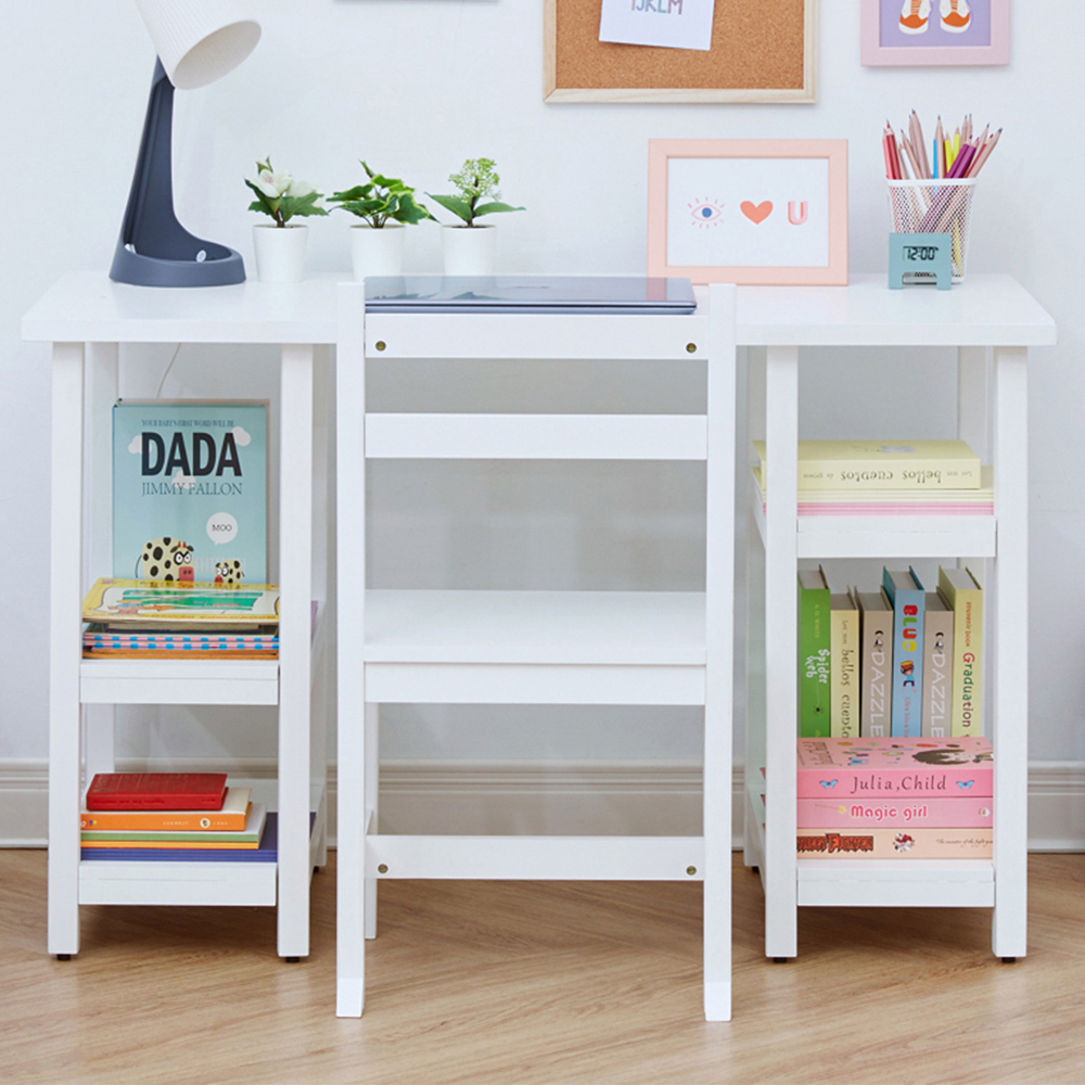 Teamson Kids 4 Shelf White Wooden Desk and Chairs Set Image 1