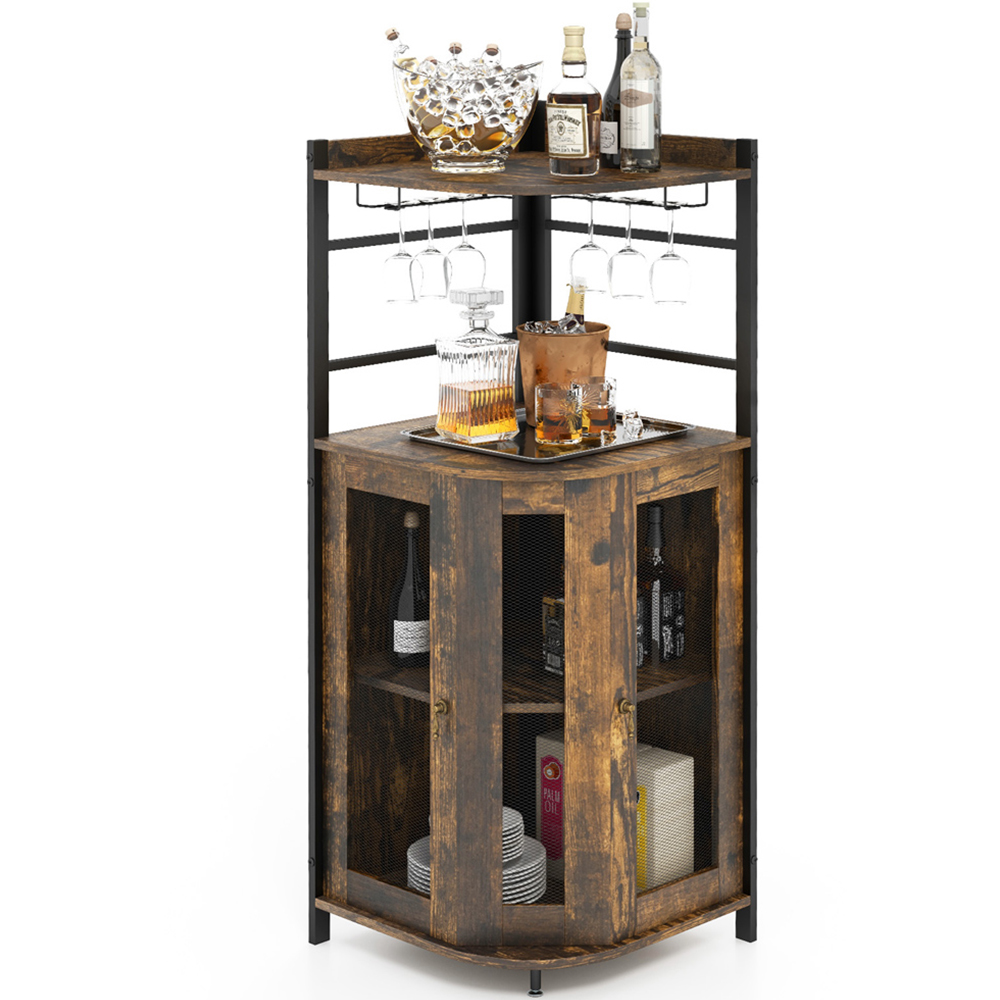 Costway 2 Door 2 Shelf Brown Metal Mesh Industrial Corner Bar Wine Cabinet Image 2