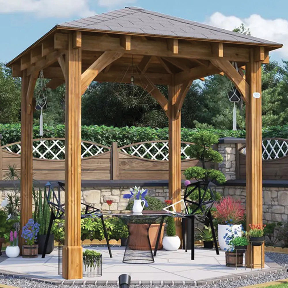 Dunster House Leviathan 2.5 x 2.5m Brown Heavy Duty Wooden Garden Gazebo with Roof Shingles Image 1