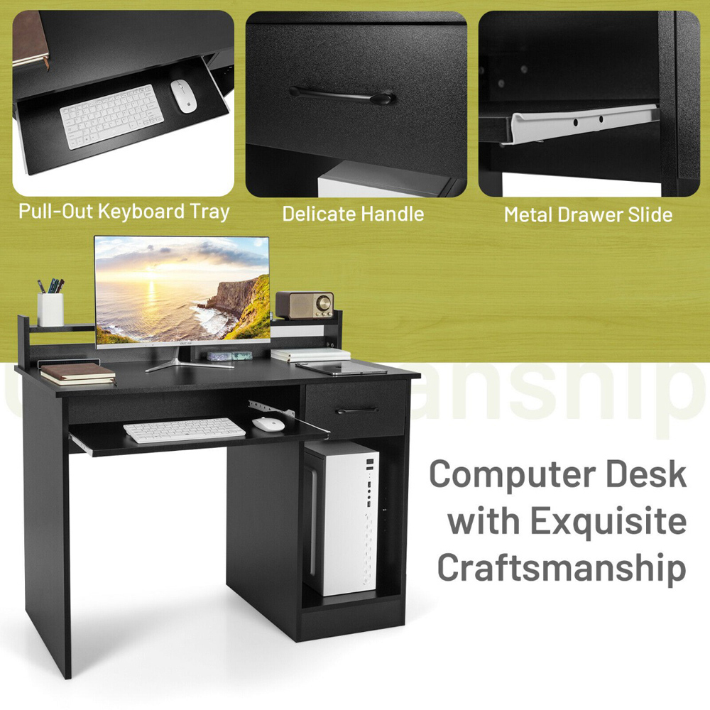 Costway Single Drawer 3 Shelf Computer Desk with Keyboard Tray Black Image 7