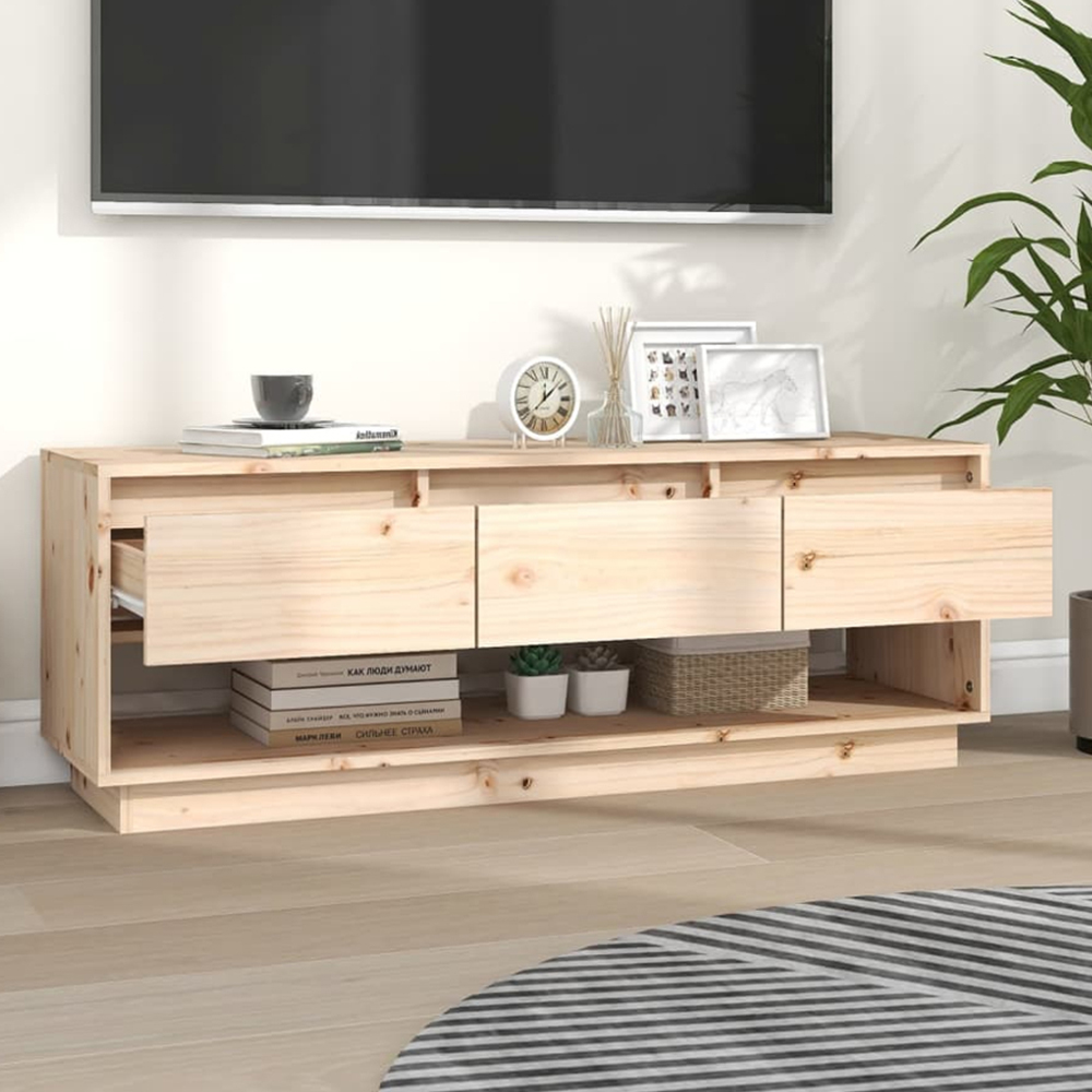 vidaXL 3 Drawer Single Shelf Natural Solid Pine Wood Wide TV Cabinet Image 6