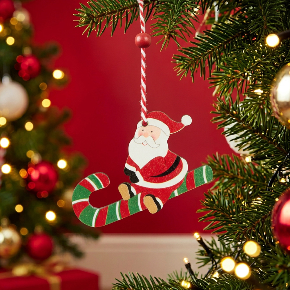 Set of 6 Wooden Santa Hanging Decorations Image 3