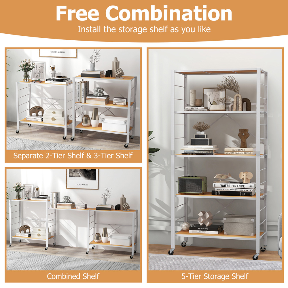 Costway 4 Shelf Natural Metal Folding Wheeled Shelving Rack Image 5