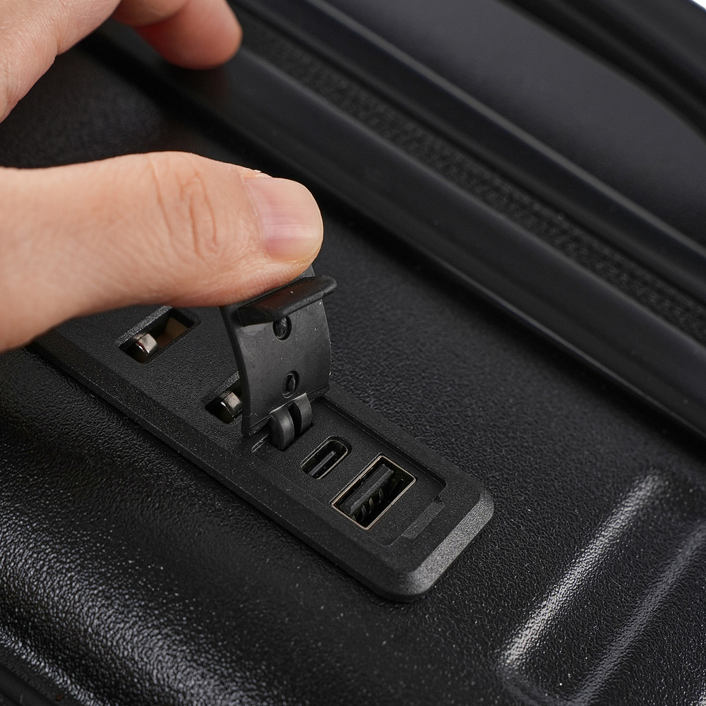 H&O Direct Black Hard Shell Suitcase with Front Pocket Cup Holder and USB Port 20 inch Image 4