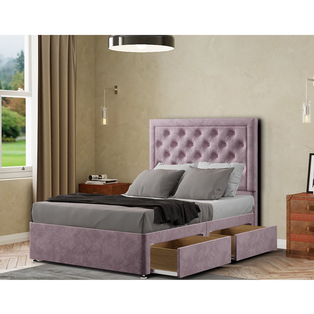 Portland Castle Super King Size Blush Plush Divan Bed with 2 Drawers and Headboard Image 2