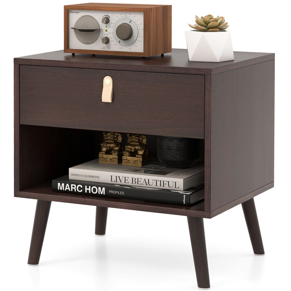 Costway 3 Shelf Brown Mid-Century End Table with Open Storage Shelf Image 3