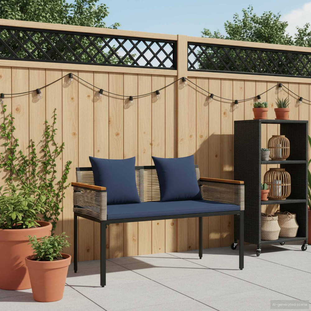 vidaXL Grey and Navy Blue Poly Rattan Garden Bench with Cushion 117 x 54 x 74.5cm Image 8