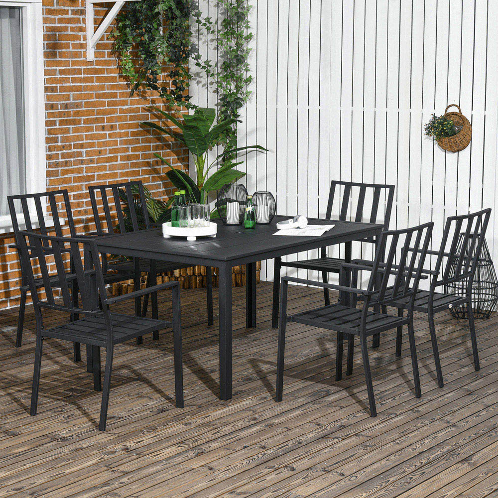 Outsunny Metal 6 Seater Garden Dining Set with Umbrella Hole Black Image 1