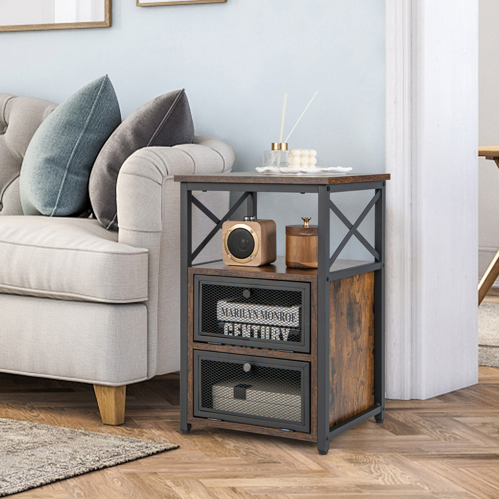 Costway 2 Door Single Shelf Rustic Brown Industrial Bedside Table Image 3