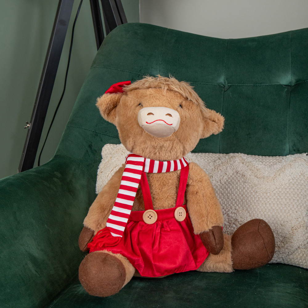 Samuel Alexander Plush Sitting Highland Girl Cow in Red Dress Christmas Decoration 36cm Image 5