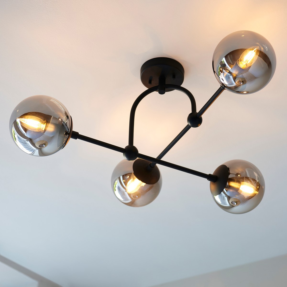 Merano Trieste Smoked Mirror Glass Matt Black Globe Ceiling Light Image 2