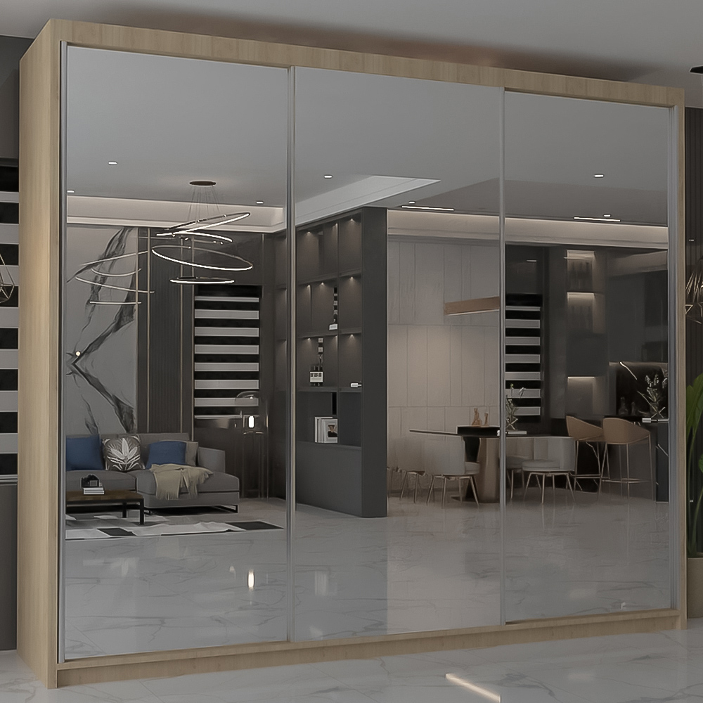 M N Furniture Modern Gala 3 Door Oak Mirrored Sliding Wardrobe 250cm Image 1