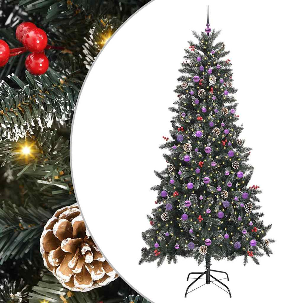 vidaXL Pre-Lit Lilac Baubles and Pinecones Green Artificial Snow Tipped Christmas Tree 8ft Image 2