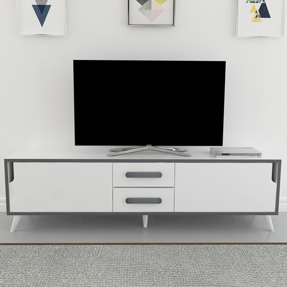Decorotika Tex 2 Drawers 2 Door White and Anthracite Wide TV Unit Image 1