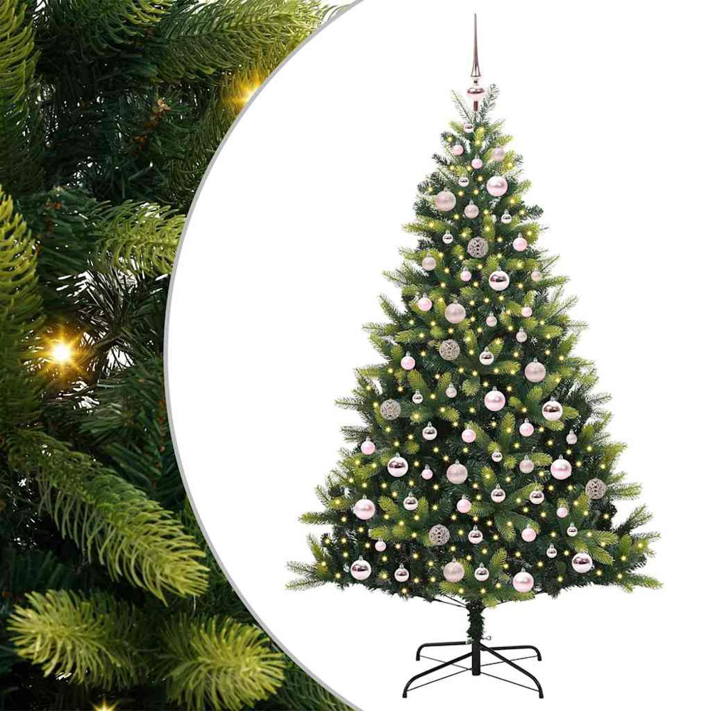 vidaXL Pre-Lit Pink Baubles Green Artificial Hinged Christmas Tree 6ft Image 2
