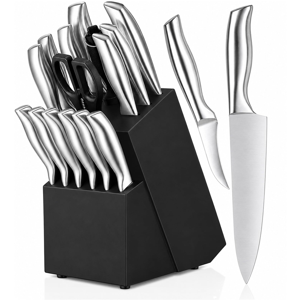 ATEK 16 Piece Kitchen Knife Wooden Block Set with Built-In Sharpener Image 1