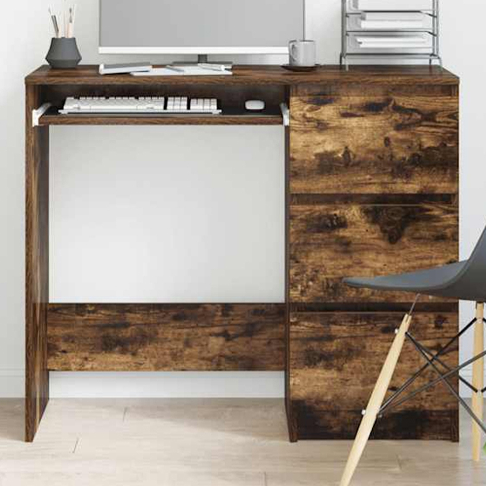 vidaXL 3 Drawer Computer Desk with Keyboard Tray Smoked Oak Image 1
