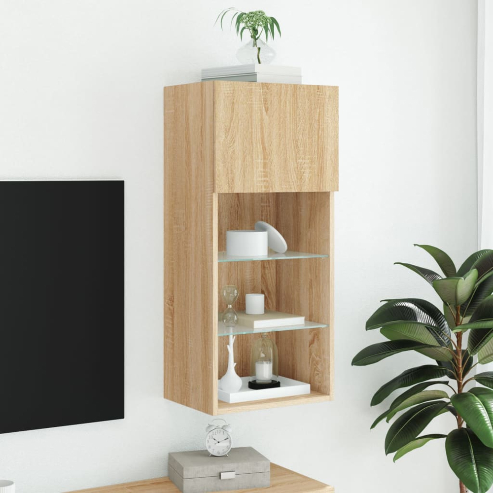 vidaXL Single Door 3 Shelf Sonoma Oak Wall Mounted LED TV Cabinet Image 4