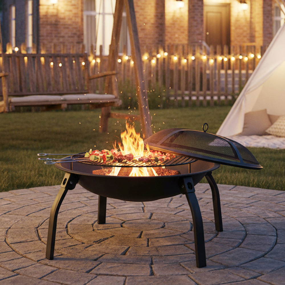 Living and Home Wood Burning Garden Fire Pit with Mesh Screen and Grill Grate Image 2