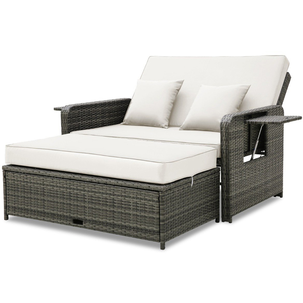 Costway White Wicker Loveseat Ottoman Sofa with Retractable Side Tray Image 2