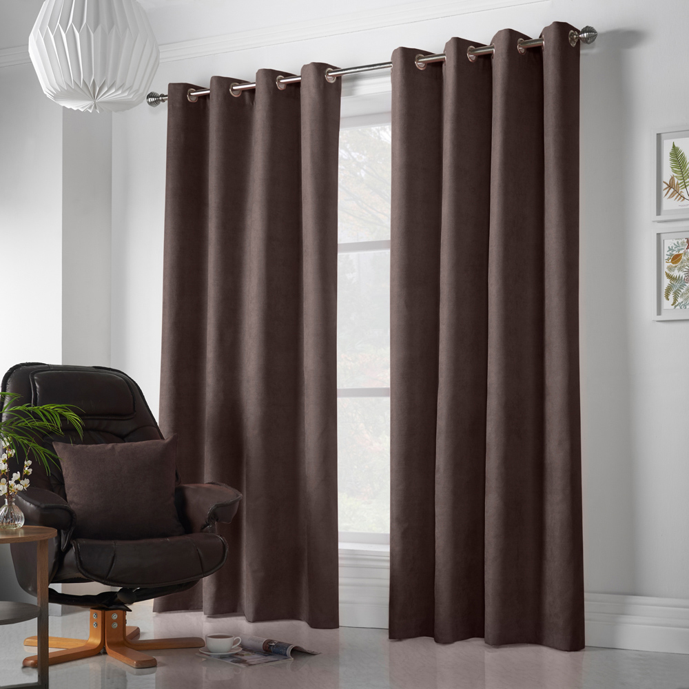 Alan Symonds Chocolate Velvet Chenille Ring Top Eyelet Curtains 142 x 183cm Image 4
