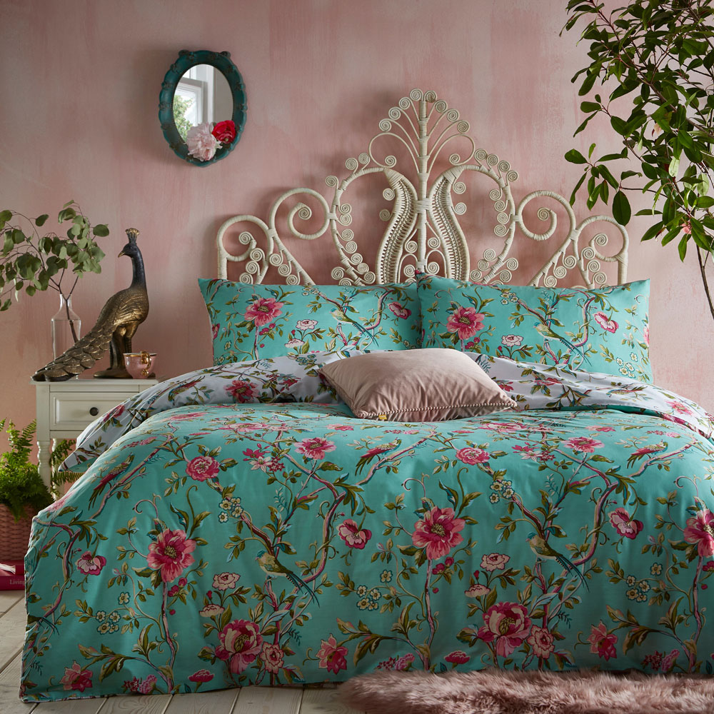 furn. Vintage Chinoiserie Floral Super King Jade Duvet Set Image 1