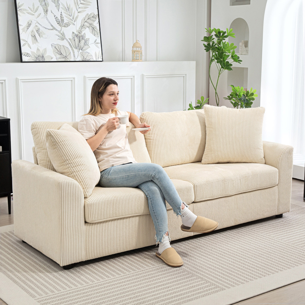 HOMCOM 3 Seater Cream Upholstered Jumbo Cord Sofa Image 3