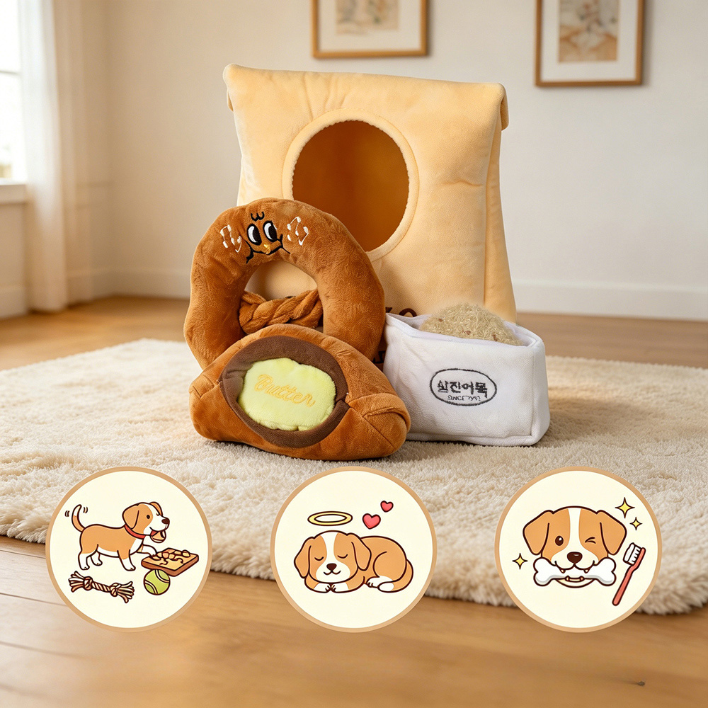 H&O Direct 4 Piece Squeaky Fish Cake Croissant and Pretzel Soft Plush Interactive Dog Toy Set Image 5