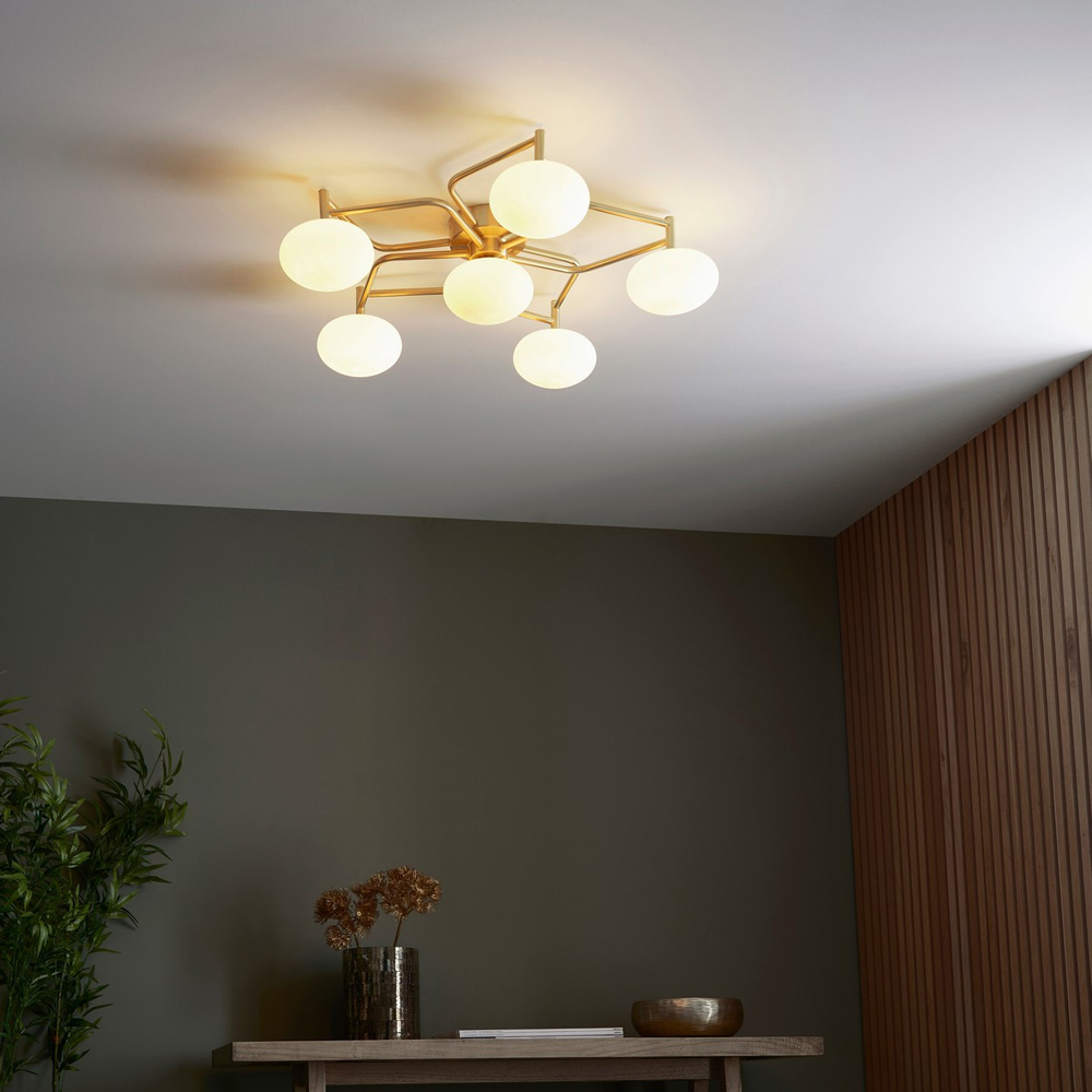 Merano Pesaro Matt Opal Glass Satin Brass Plate Flush Ceiling Light Image 7