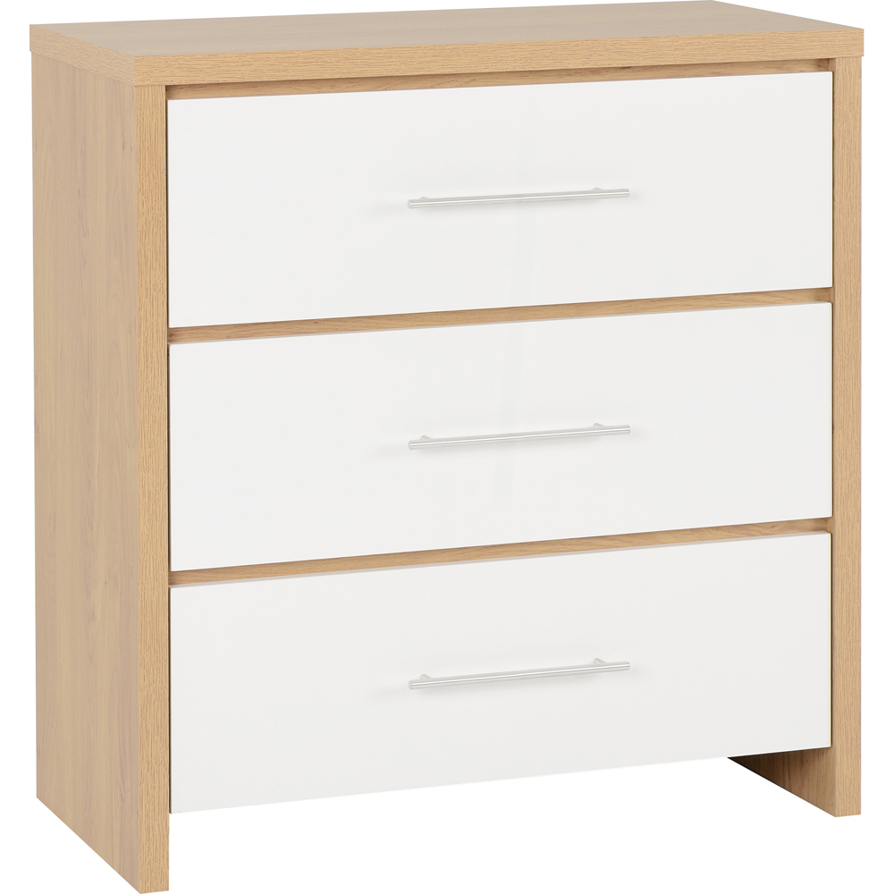 Seconique Seville 3 Drawer White Gloss Light Oak Effect Veneer Chest of Drawers Image 2
