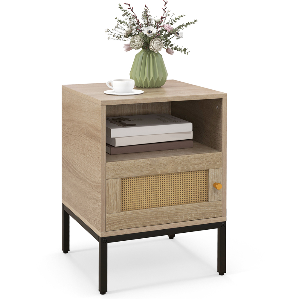Costway Single Door Natural Home Boho Style Nightstand Accent Cabinet Image 3