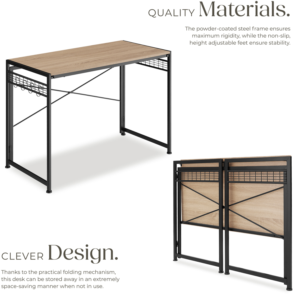 tectake Paterson Light Wood Oak Foldable Desk with 8 Storage Hooks Image 3