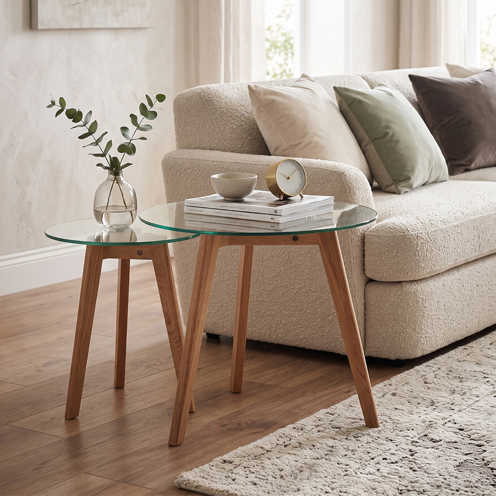 Premier Housewares Nostra Glass Top Oak Wood Base Nordic-Style Side Table Set of 2 Image 3