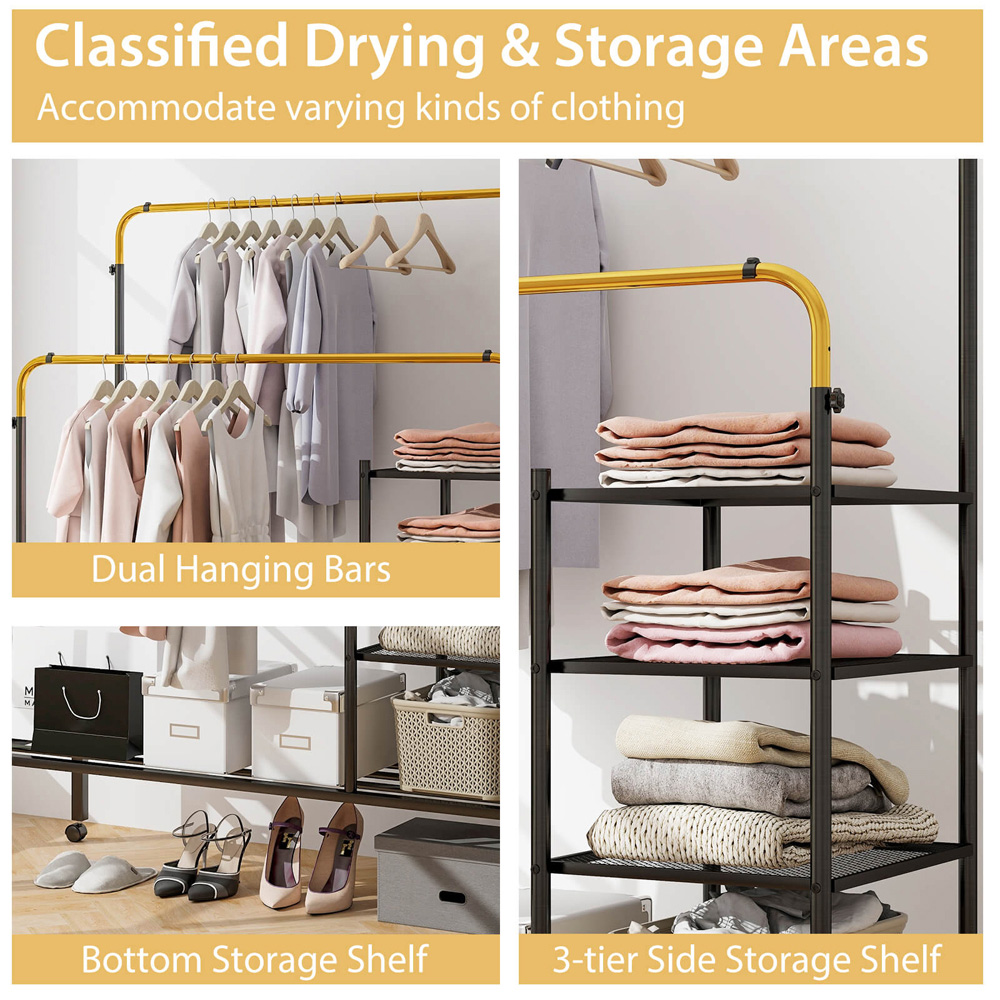 Costway 4 Shelf 2 Hanging Bars Black and Gold Rolling Clothes Rack Image 5