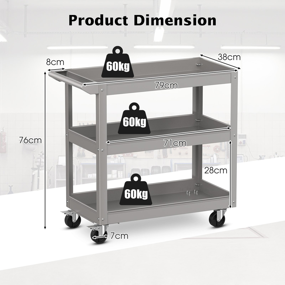 Costway 3 Shelf Grey Tool Trolley with Lockable Wheels Image 9