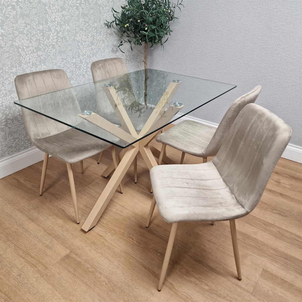 Kosy Koala 4 Seater Tempered Glass Velvet Dining Set Beige Image 3