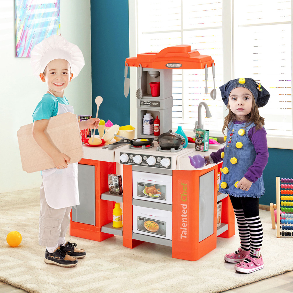 Costway Orange Kids Kitchen Play Set with Lights 67 Piece Image 2