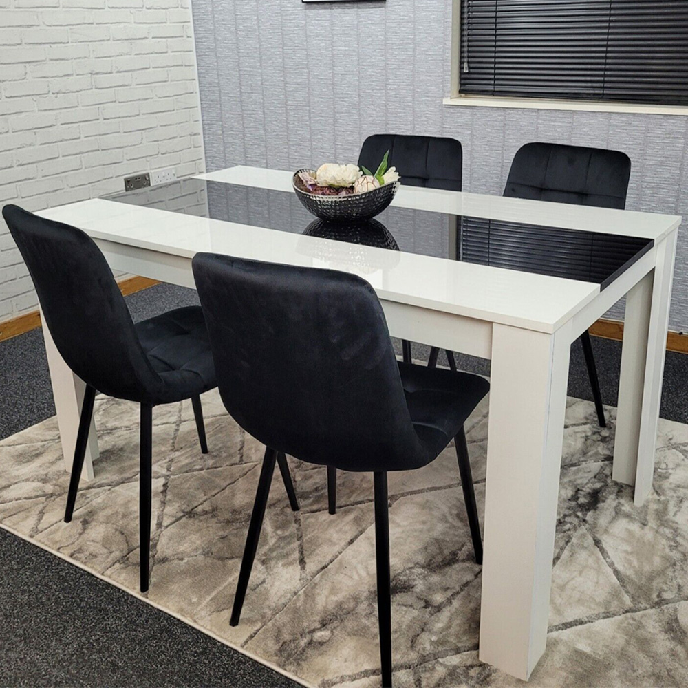 Portland Velvet and Wood 4 Seater Dining Set White and Black Image 1