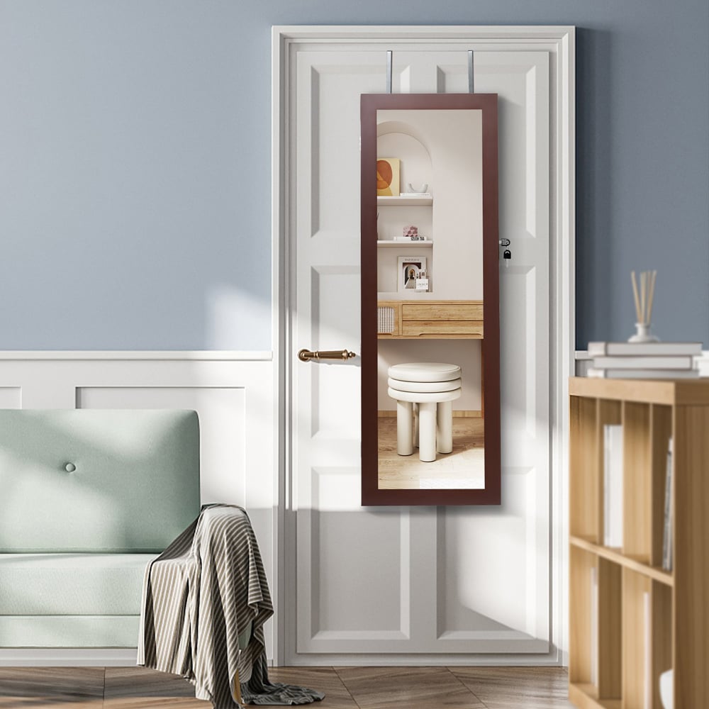 Costway Brown Lockable Mirror Jewellery Cabinet with LED Lights Image 2
