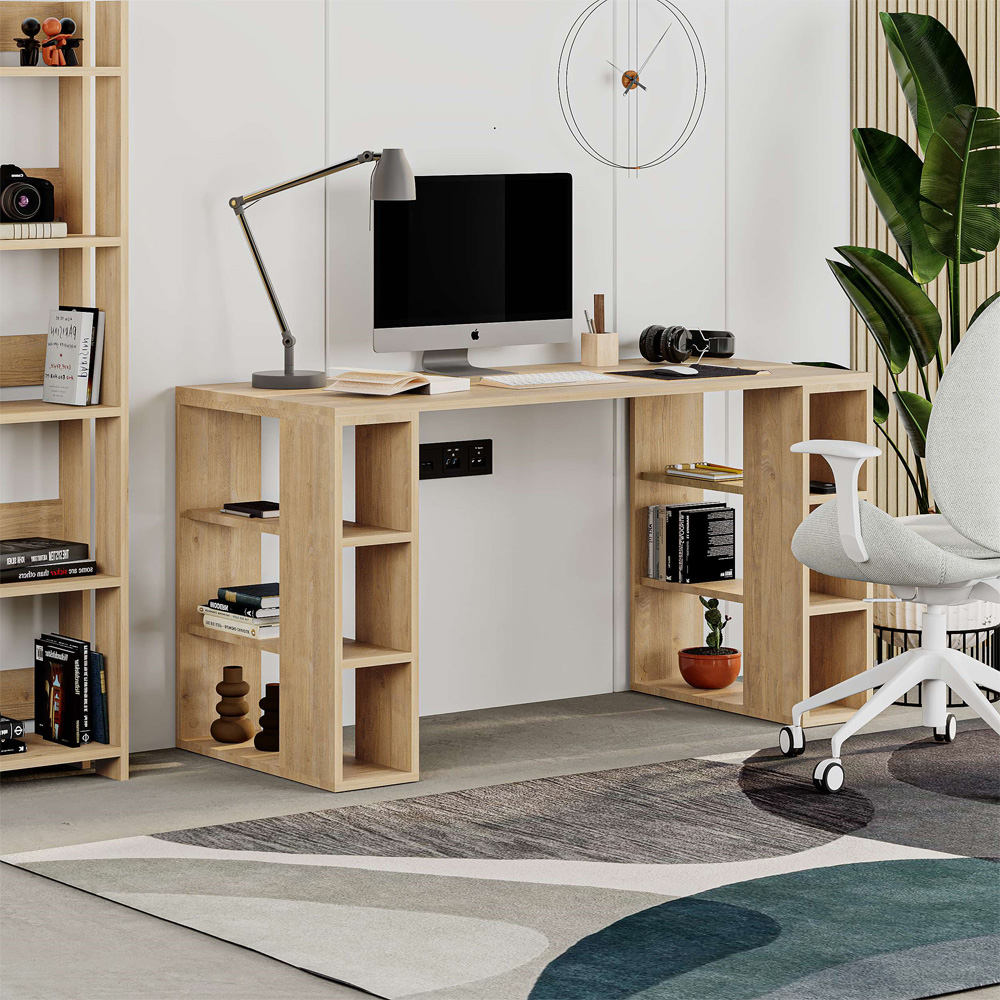 Decortie Colmar 6 Shelf Modern Desk with Bookshelf Oak Image 4