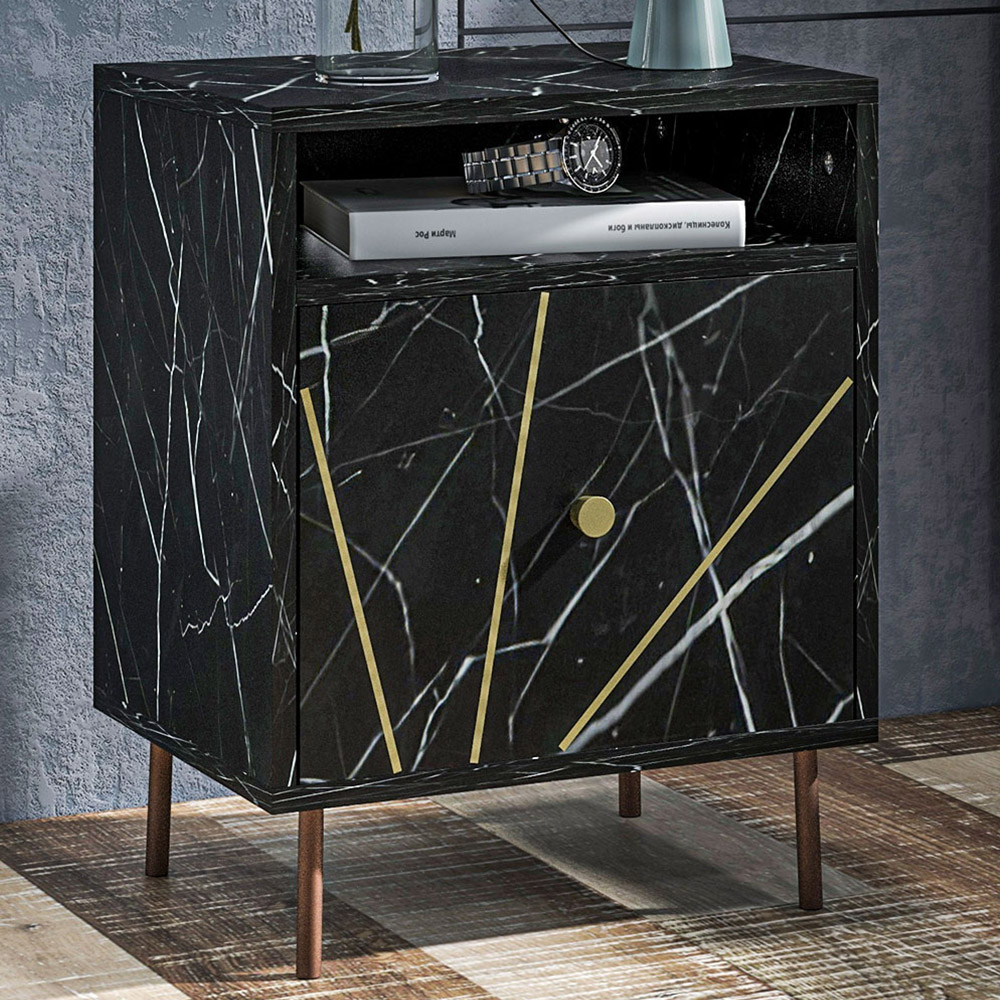 Portland Single Drawer Single Shelf Black Marble Bedside Table Image 1