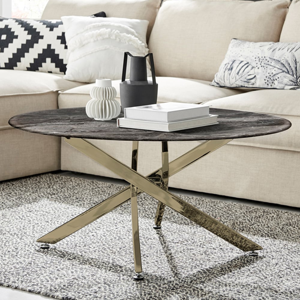 Furniturebox Arona Round Marble Effect Glass Coffee Table with Gold Legs Image 1