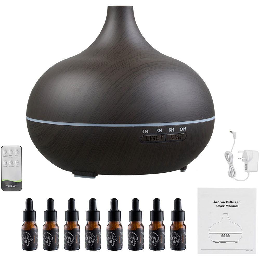 Living and Home Black Wood Grain Ultrasonic Essential Oil Diffuser with Timer Light and Remote Image 3