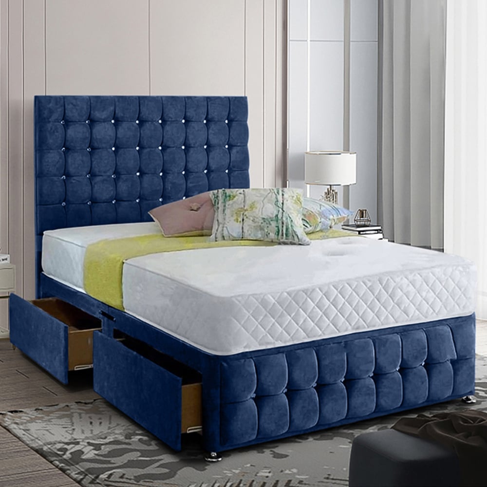 Eleganza Home Cloudrest Super King Size Sapphire Plush Velvet 2 Drawer Divan Bed with Headboard Image 1
