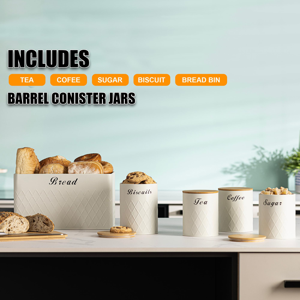 ATEK 5 Piece Cream Kitchen Canister Set with Bamboo Lids Image 4