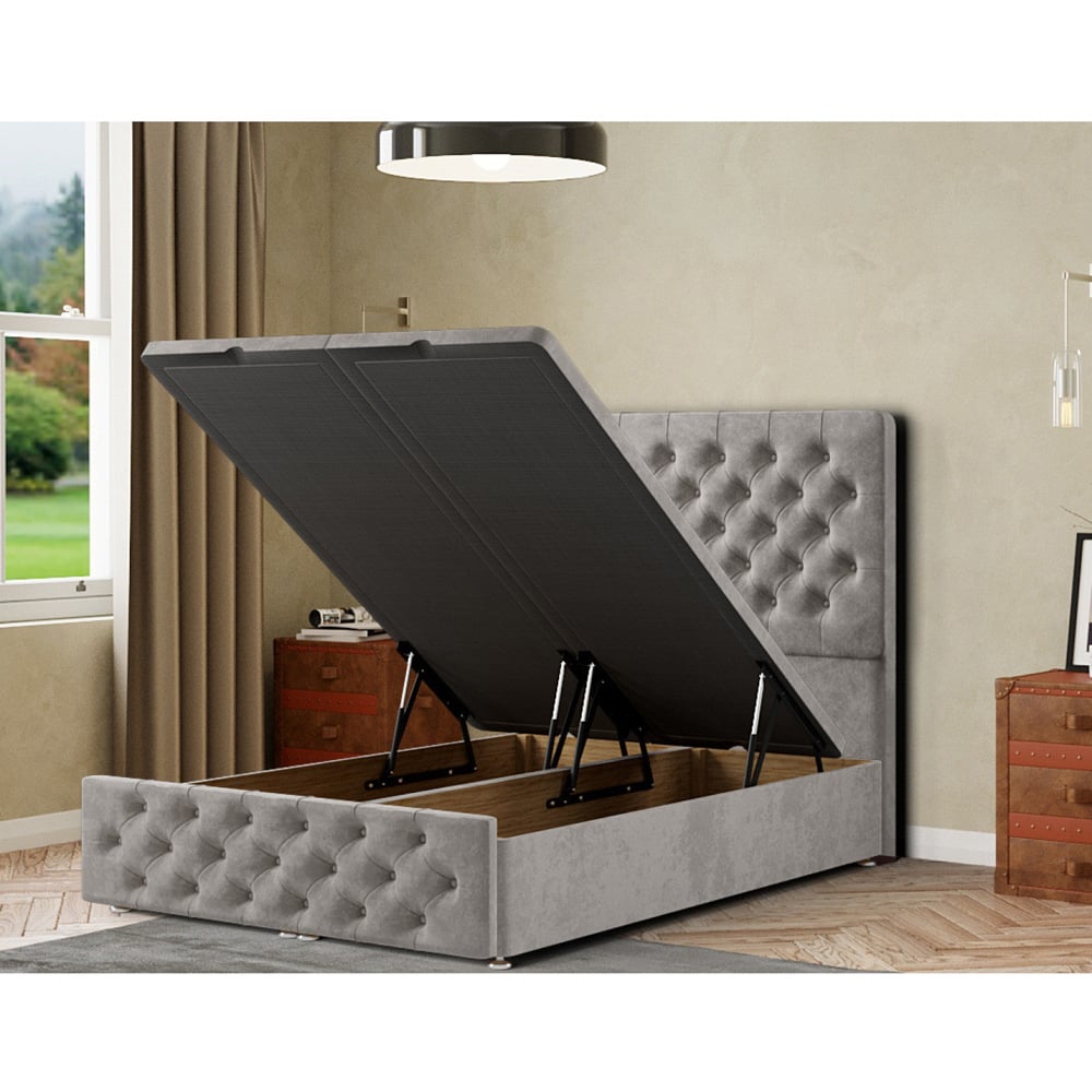 Portland Mary Chesterfield King Size Silver Plush Ottoman Bed with Headboard Image 2