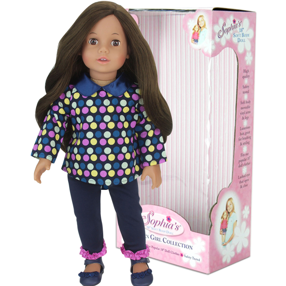 Teamson Kids Sophia's Brunette Doll in Polka Dot Top Leggings and Navy Shoes Image 1