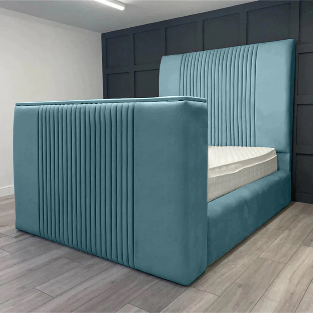 Eleganza Home Emri Double Duck Egg Plush Velvet TV Bed Frame with Lined Headboard Image 1