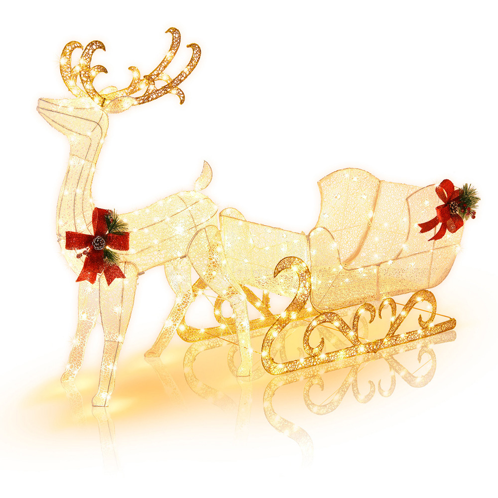Costway 215 Warm White LED Pre-Lit Reindeer and Santa’s Sleigh Christmas Decoration Image 2